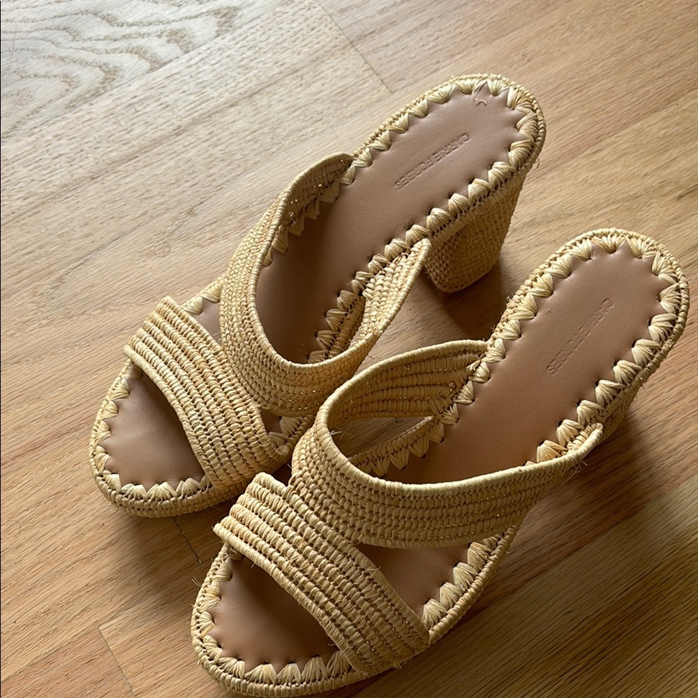 Tan Woven Mules with Wedge Heel
